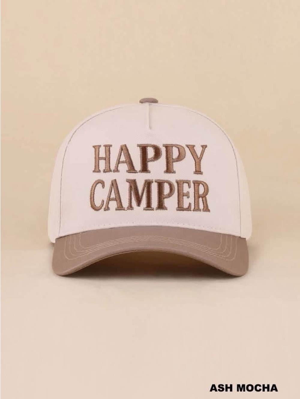 Zenana Happy Camper White Cap with Brown Embroidery Ash Mocha